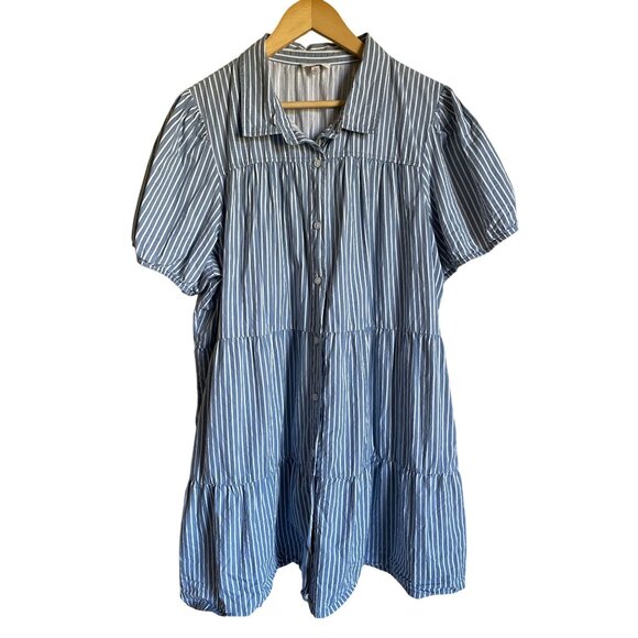 Derek Heart 3X Blue White Striped Cotton Tiered Shirt Dress Button Front Collare - Picture 1 of 6